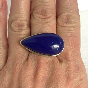 Sterling Silver 925 Italy Large Lapis Lazuli East West Teardrop Cocktail Ring